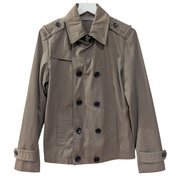 PROJEK RAW Women's Small Buckle Collar Double Breasted Short Trench Coat in Tan - Picture 2 of 6